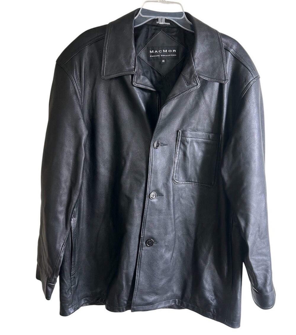 Vintage Macmor Private Collection Black Leather Car Coat Made Canada Mens Large